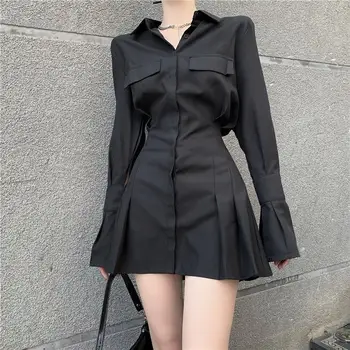 2023 Дамско пролетно-лятно черна мини-рокля, тънка риза