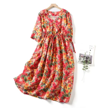 2023 Пролет-лято Ново дамско свободно дълга рокля от памук и лен с принтом 