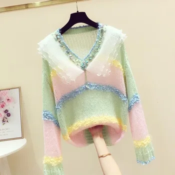 2023, пролетта и есента сладък дъгата пуловер, женски отгоре с V-образно деколте и дълги ръкави с волани
