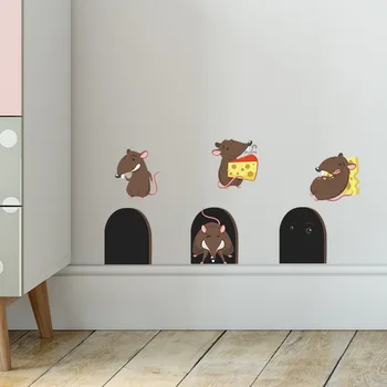 3D Забавни стикери за стена под формата на мишка дупки, спалня, кухня, Первази, Декорация на дома, винилови стикери за стена, направи си сам, Мультяшная стенни картини на животни-плъхове