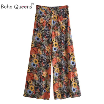 Boho Queens Дамски спортни панталони в бохемски стил с флорални принтом с цип, женски свободни плажни панталони от вискоза и памук, дълги панталони в стил Бохо