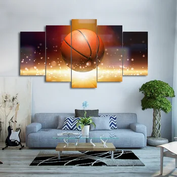 HD Печат Модулна рамка на Стенно изкуство Платно картина Популярна 5-панелна картина с пламък Баскетбол за декор за хола плакат