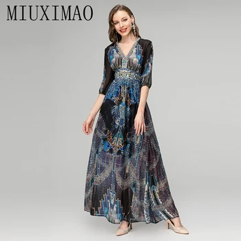 MIUXIMAO 2023, Висококачествено Пролетно-Лятно Празнична рокля с къс Ръкав и V-образно деколте, Модно Дълга Рокля с Бриллиантовым Принтом, Дамски Рокли