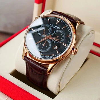 Reef Тигър/RT висок клас марка, дизайнерски мъжки часовници, световно време, дата, розово злато, автоматични механични часовници