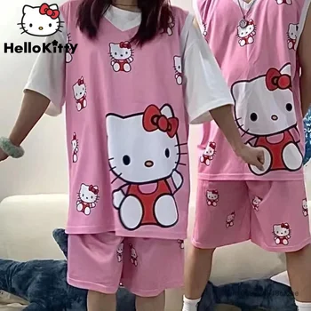 Sanrio Hello Kitty/ мъжки и дамски свободна риза, къси Панталони, един сладък комплект от 2 теми, розова жилетка за двойки, летен спортен костюм, риза Оверсайз с анимационни герои