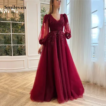 Smileven Скромни бордо рокля за бала трапецовидна форма, с дълги буйни ръкав, Бельо вечерна рокля на цветчета, секси Рокли за абитуриентски бал с V-образно деколте 2023