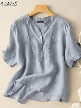 ZANZEA, лятна свободна елегантна однотонная риза, дамска блуза с бродерия на цветя, къс ръкав, V-образно деколте, широки блузи, модни ежедневни блузи