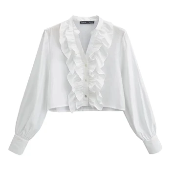 Бели Елегантни и младежки дамски блузи 2023, кратък топ с къдри, риза с дълъг ръкав, корейската мода, стилна яка-шлица, реколта ежедневни