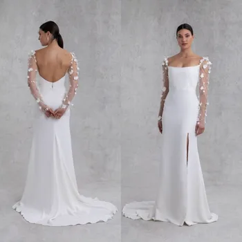 Бели Сватбени рокли на Русалка 2023, Сетчатое Сватбена Рокля с Дълъг ръкав и цветен модел, със Странична Цепка, без табли, африканските женствена рокля
