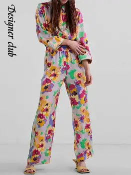Брючный костюм с флорални принтом, Женски модерен комплект с ревери и дълъг ръкав, комплект от 2 теми, Пролет 2023, ежедневни дамски меки панталони, комплект дома