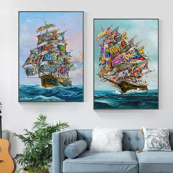 Графити Пиратски кораб, художествена живопис, плакати и щампи, лодка, поп-арт, стенни картини за всекидневна, декориране на дома (без рамка)