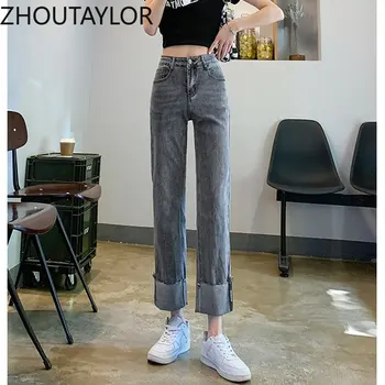 Дамски дънки ZHOUTAYLOR, офис женски сладки свободни панталони с дължина до щиколоток с висока талия, дамски пролетни нови модни панталони с копчета