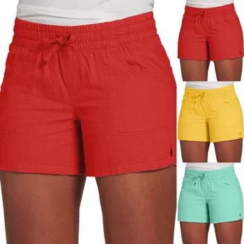Дамски ежедневни летни памучни панталони с еластичен ластик на талията и завязками, дамски плажни шорти за сън, Дамски спортни къси панталони
