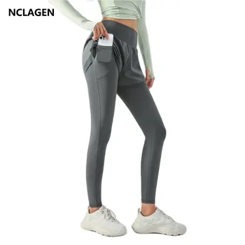Дамски панталони за йога NCLAGEN с джобове, фалшив, от 2 теми, летни спортни гамаши с висока талия, подтягивающие ханш, къси Панталони за фитнес, чорапогащи за фитнес зала