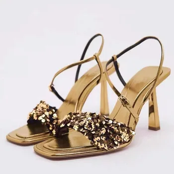 Дамски Сандали на висок ток със златни Пайети, 2023, Пикантни женски обувки-лодка с квадратни пръсти, Луксозни дамски официални Обувки на висок ток