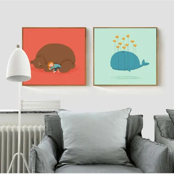 Декоративна живопис в стил ХАОЧУ със северната мечка и деца, модерен Обикновен делфин, Малка прясна стенни картини в спалнята за детска стая