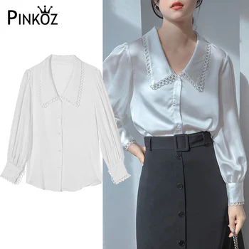 Дизайнерска дамска бяла риза Pinkoz, офис женска риза с яка 