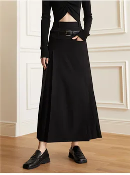 Есенна черна дълга пола за жените с джобове, трапециевидная, с висока талия, без колан, ежедневни градинска облекло, ново записване