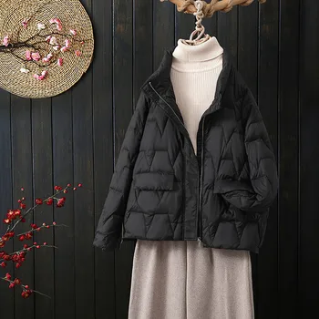 Есенно-зимния женски пуховик с висока яка, палта на 90% бял утином топола, ветроупорен паркове с цип, черна къса козина