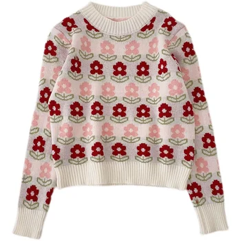 Есенно-зимния нов стил, корейски стил, жаккардовый пуловер с хубаво цвете, жена