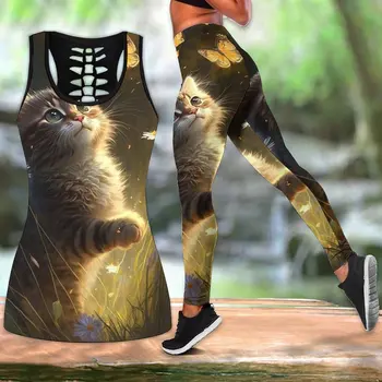 Жена годишният модерен комплект панталони за йога с принтом пеперуди и котка