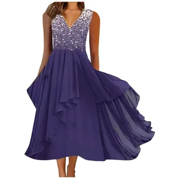 Жена шифоновое рокля с V-образно деколте, Без ръкави, с Голям размер, Свободно рокля с принтом, в Елегантна вечерна рокля, дамски дрехи