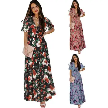 Женствена рокля с високо качество, летни шифоновые рокли с флорални принтом дължина до щиколоток, V-образно деколте, ежедневни рокли, директна доставка на WNSYY3518