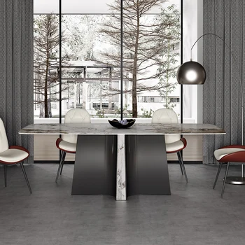 Италиански минималистичен маса Пандора от масивен камък, модерен лек луксозен малък семеен правоъгълна маса за дома от неръждаема стомана