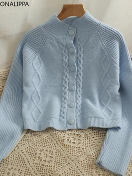 Леко сладък вязаный кариран пуловер Onalippa, есента однобортный пуловер с дълъг ръкав и висока воротом, универсален обикновен жилетка