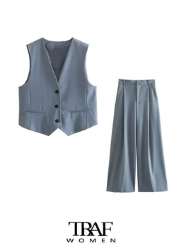 Модерен директен жилетка копчета отпред и плисирани панталони с висока талия, дамски комплекти от две части Mujer