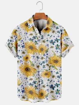 Модерен случайни топ копчета в стил хип-хоп, мъжки хавайска риза с къс ръкав, свободна риза в стил харадзюку с принтом семки