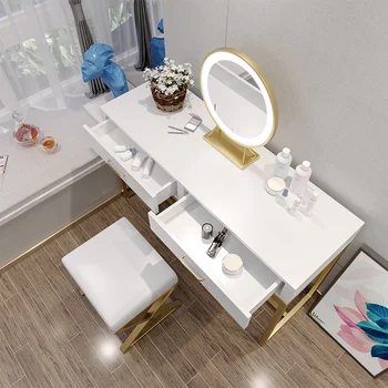 Модерен тоалетка в скандинавски стил, лека Луксозно обзавеждане За спални, тоалетка с подсветка, отразени скринове, метална табуретка на високи крака TG