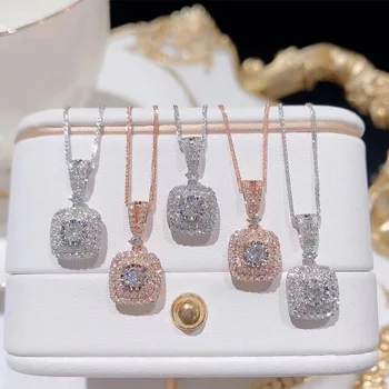 Модно огърлица от розово злато 18 Карата и сребро S925 с квадратна имитация на диамант, окачване с скъпоценния камък за Жени, Бижута от Сребро проба 925