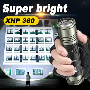 Мощен фенер XHP360, Мощни led светлини, Тактически фенер 18650, Акумулаторна лампа, Водоустойчива лампа за къмпинг