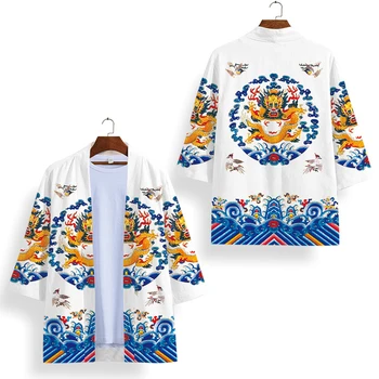 Мъжки женски халат Haori, жилетка в китайски стил с бял дракон, японското кимоно, градинска облекло в стил аниме