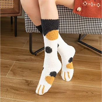 Ново записване, зимни забавни сладки чорапи с шарките на котешки Лапи с анимационни модел, дамски памучни чорапи с дълги ръкави, супер мек подарък за жени, който запазва топлината