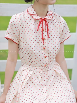 Пролет-Лято оригинални дизайнерски дамски рокли в ретро стил на 1950-те години в червен грах с лък, Сладки романтични рокли струящиеся