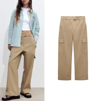 Пролетни нови свободни универсални тънки панталони с висока талия и прави штанинами, ежедневни модни тела с украса джобове, дамски