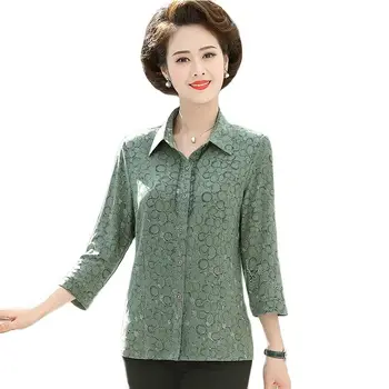 Пролетно-лятна ежедневни риза на средна и напреднала възраст от свободно коприна и сатен, дамски риза с ръкав три четвърти и принтом копчета Top6XL