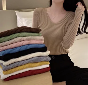 Пуловер с ярки цветове, дамски модни 2023, Нови еластични потници, Дамски възли пуловери с V-образно деколте, вязаный пуловер с дълъг ръкав