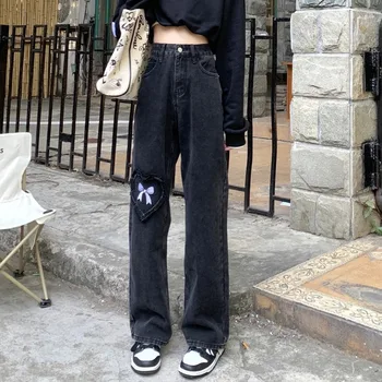 Реколта готически дънкови панталони с висока талия, дамски луксозни дънки Y2K с бродерия във формата на сърце и banta, корейската дамски градинска дрехи, свободни прави панталони