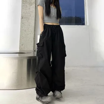 Реколта улични панталони-карго с висока талия, женски, свободни панталони в стил харадзюку с голям джоб за джогинг, корейски разнообразни ежедневни панталони