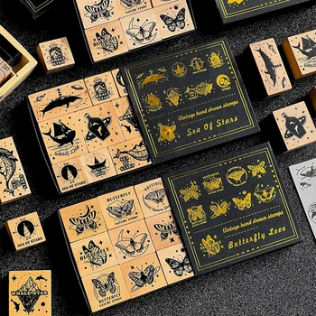 Ретро стандартен набор от матрици с папийонка и кита, дървени гумени печати 