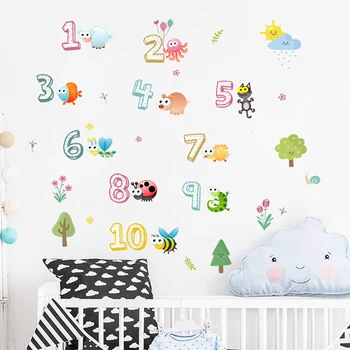 Сладки Животни с арабски цифри Стикери за стена, за клас, детска градина, детски стаи, декориране на дома, стенни картини за детска, Художествена стикер за стена