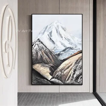 Снежен планински пейзаж 100% ръчна изработка, голяма модерна живопис с маслени бои, платно, картини, стенни картини, пейзаж, интериор, подарък