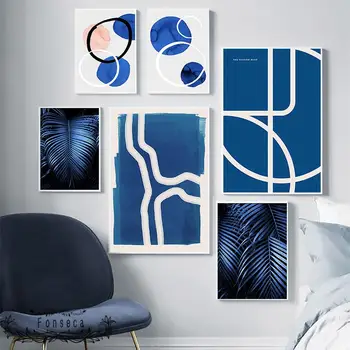Стенни живопис върху платно в скандинавски геометричния стил с геометрични линии, плакати и щампи във формата на листата на растенията в синьо стил, прости модулни картини за хол