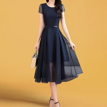 Тъмно синьо шифоновое рокля трапецовидна форма, пролетно-лятното модно рокля 2023, секси елегантна ежедневна рокля в корейски стил с къс ръкав и кръгло деколте