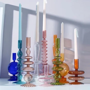 Цветни стъклени свещници Ретро свещник за сватба, Рожден Ден, Декорация за вечеря в домашна стая