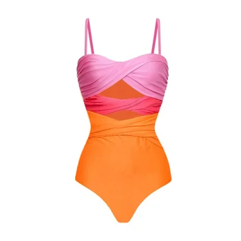 Цял бански в оранжево, модерни плажни дамски бански с цветни блокчета, Бански костюми в стил мозайка 2022, Луксозни Шорти-буркини