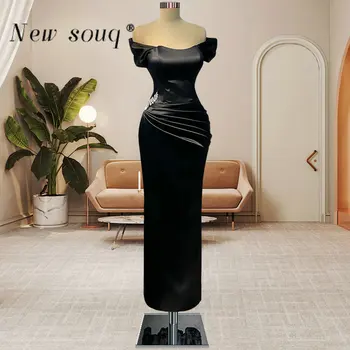 Черни прости абитуриентски рокли midi дължина без презрамки с открити рамене Директни сатенени рокли за гала вечеря Vestidos De Noche